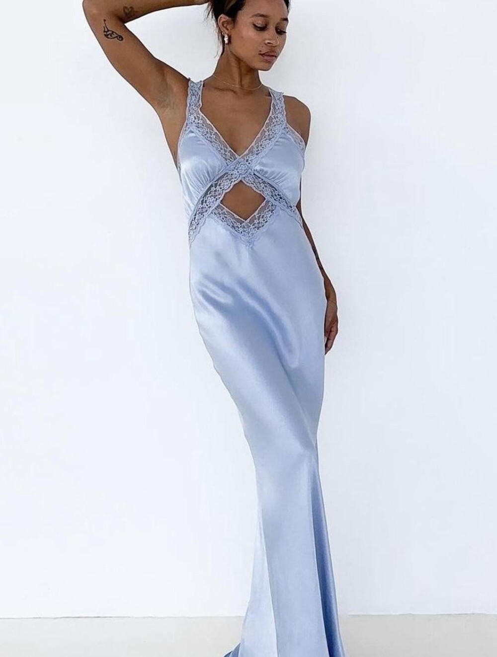 Rumored Crossroads Elegant Light Blue Satin Lace-Trim Maxi Slip Dress Sz.M.NWT!